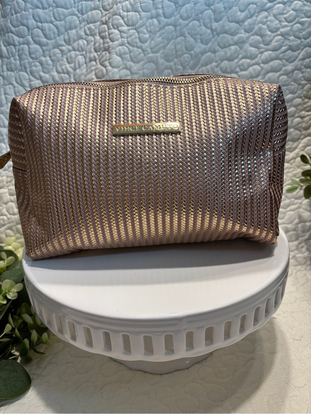 Vince Camuto Rose Gold Metallic Woven Cosmetic Case